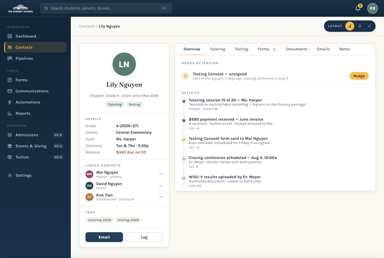Student profile — dynamic service tabs, linked family, forms and documents