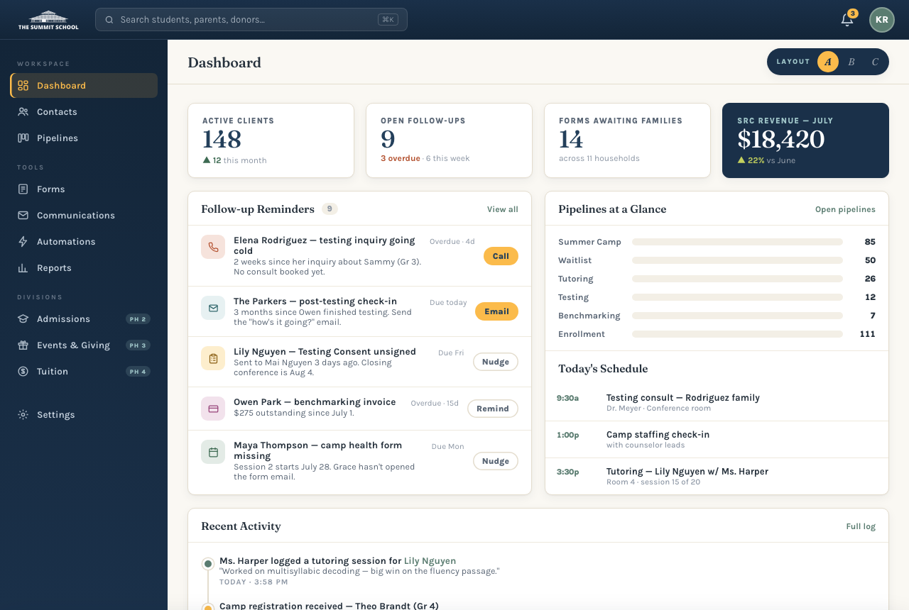 Dashboard — Katie's follow-up reminders, pipelines, schedule