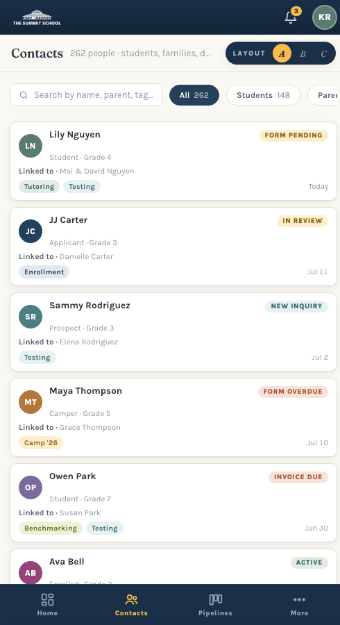 Mobile contacts view with bottom app bar